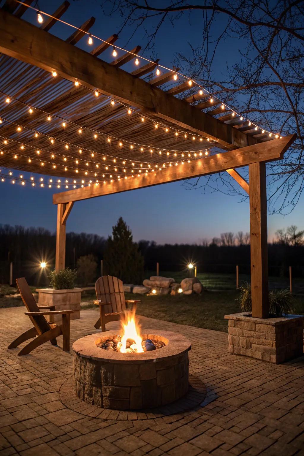 A pergola with string lights enhances the fire pit area with a magical ambiance.