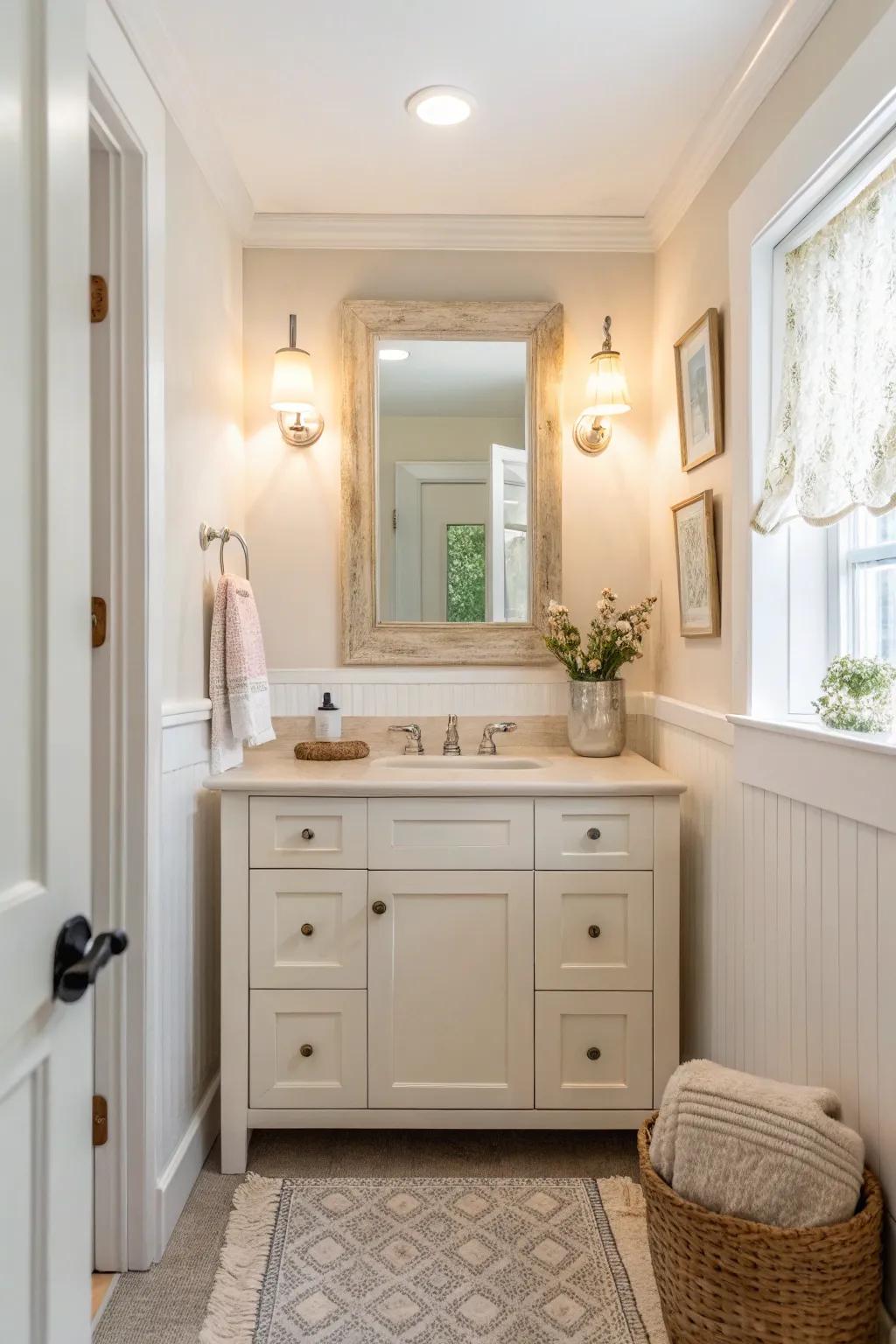 A light-colored vanity that infuses brightness and a feeling of space into a compact bathroom.
