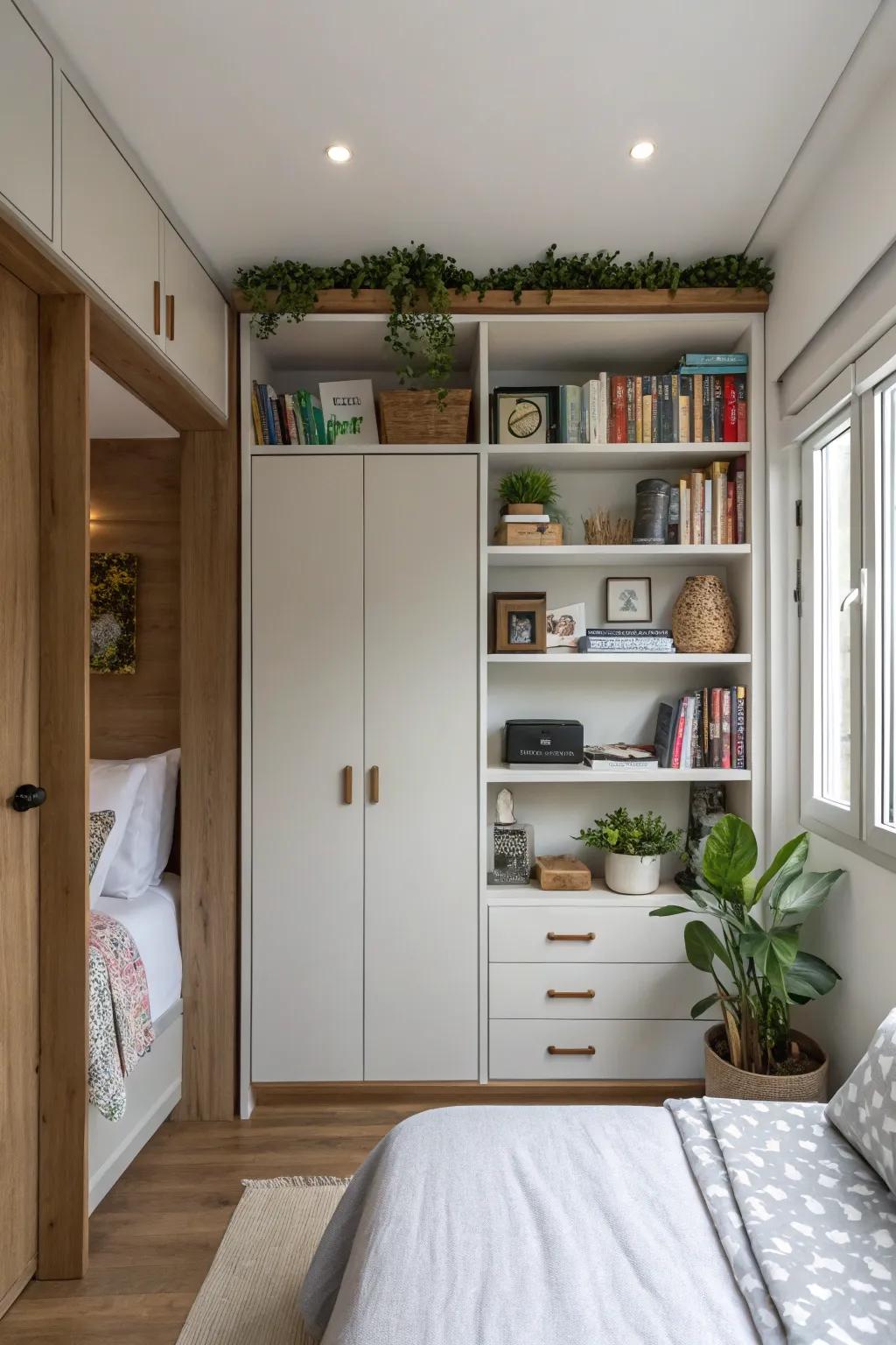 A compact bedroom utilizing vertical shelves and cabinets to efficiently organize belongings.