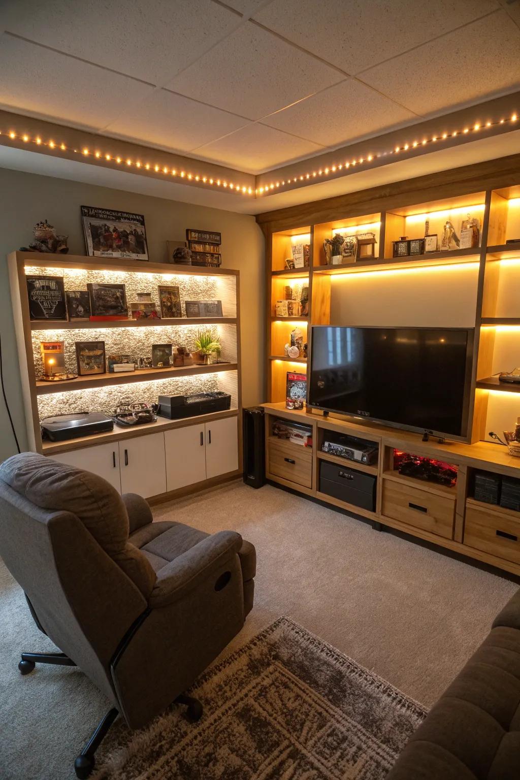 LED strip lighting under shelves creates a warm and inviting atmosphere.