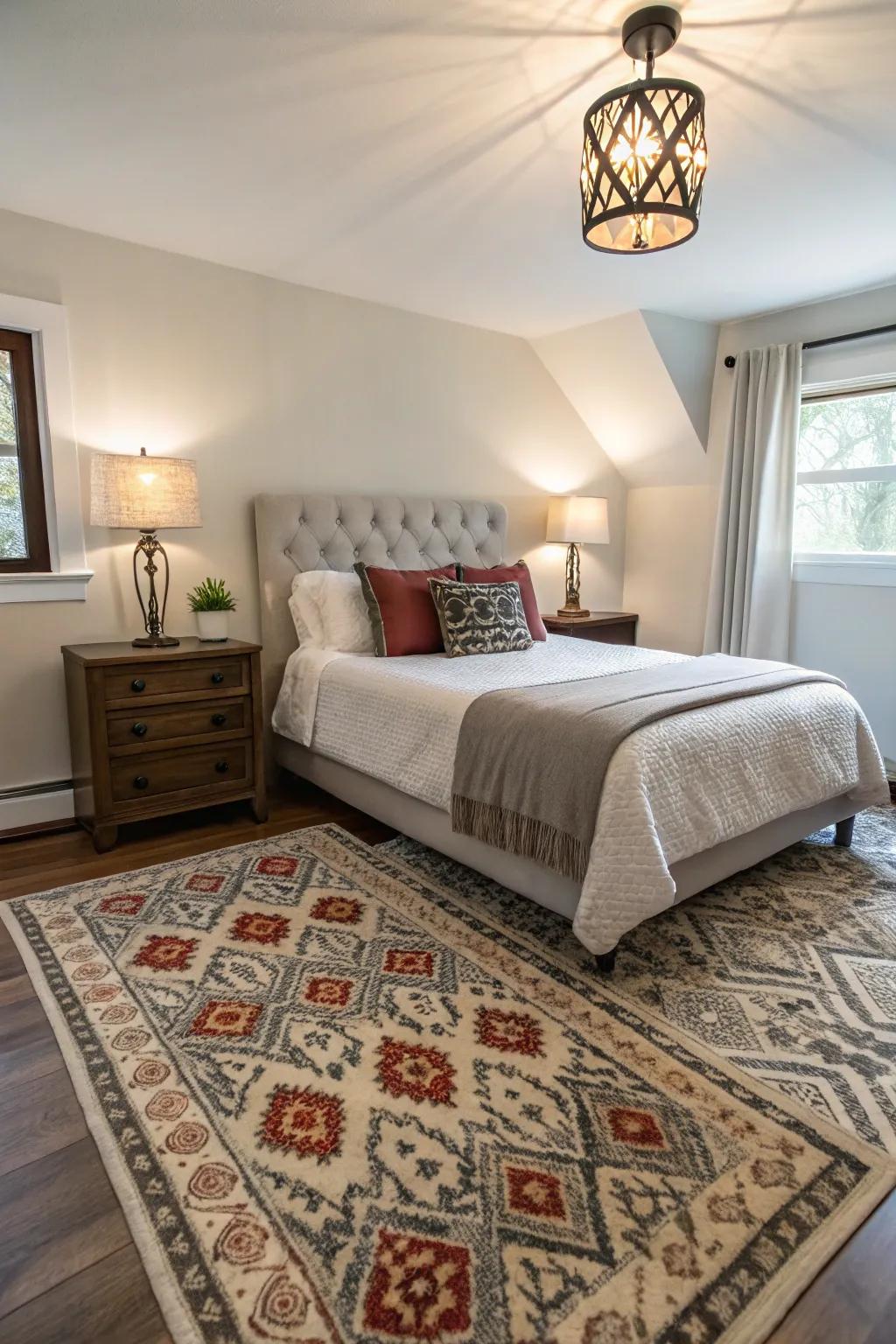 Accents impart personality to a compact primary bedroom.