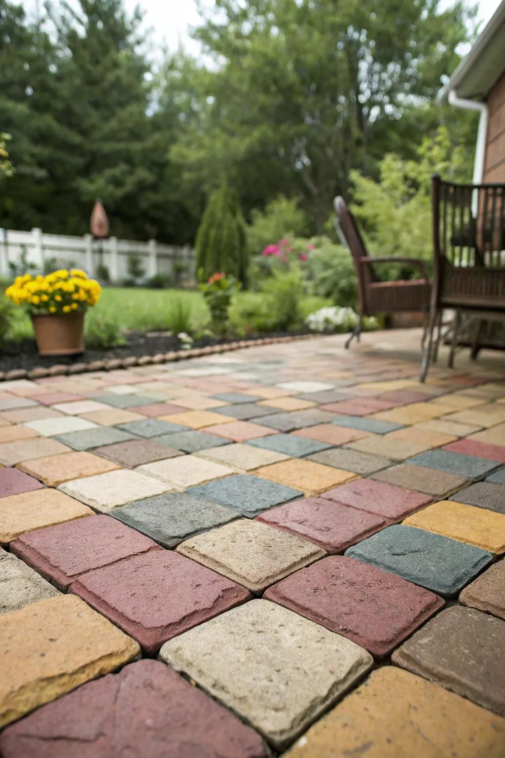 A sprightly patio brimming with vivid paver hues.