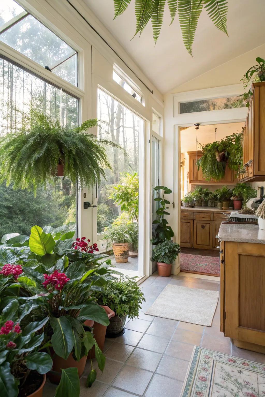 Indoor plants infuse vitality and freshness into the sunroom.