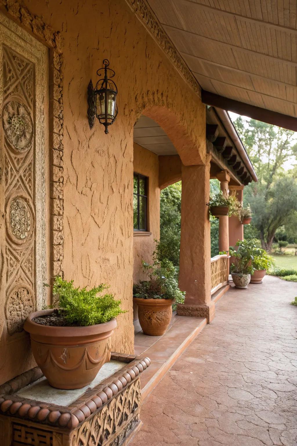 Textured plaster in warm tones enriches this porch with character.