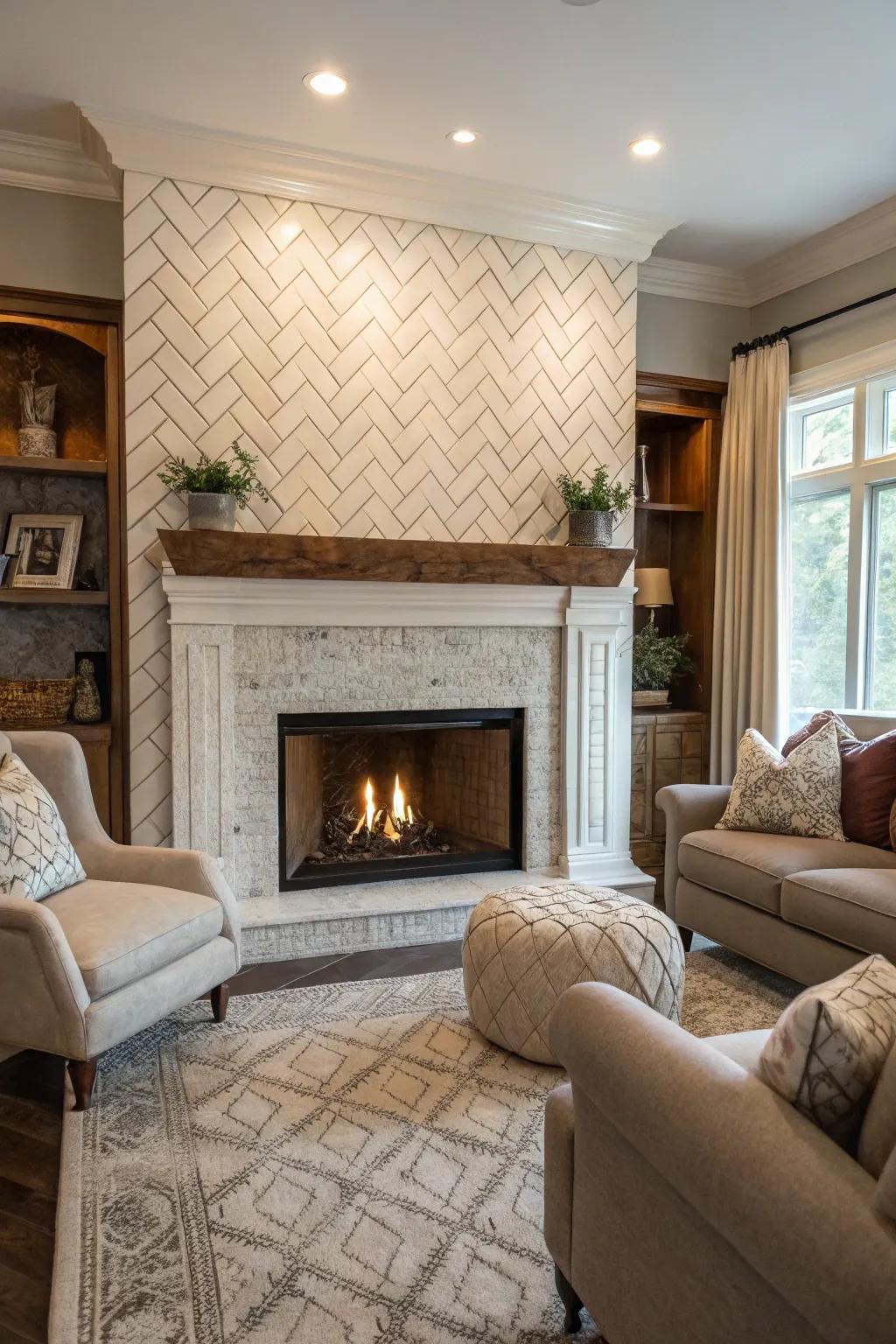 A herringbone layout adds sophisticated texture to this strip tile fireplace.