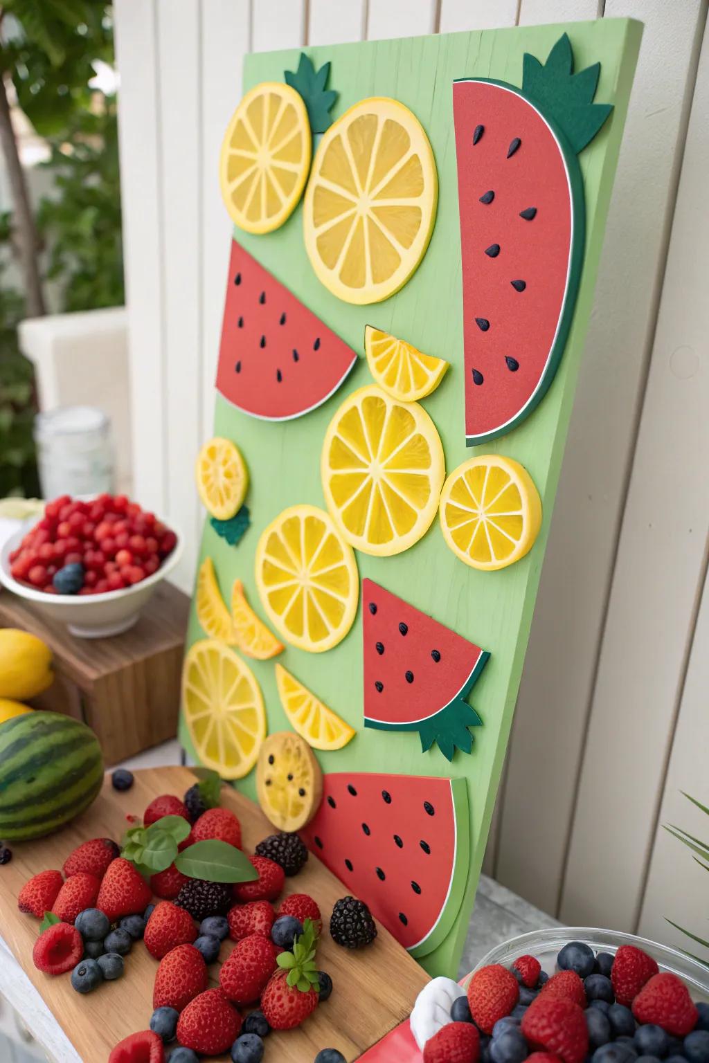 A board bursting with vibrant fruit cutouts, including watermelons and lemons.