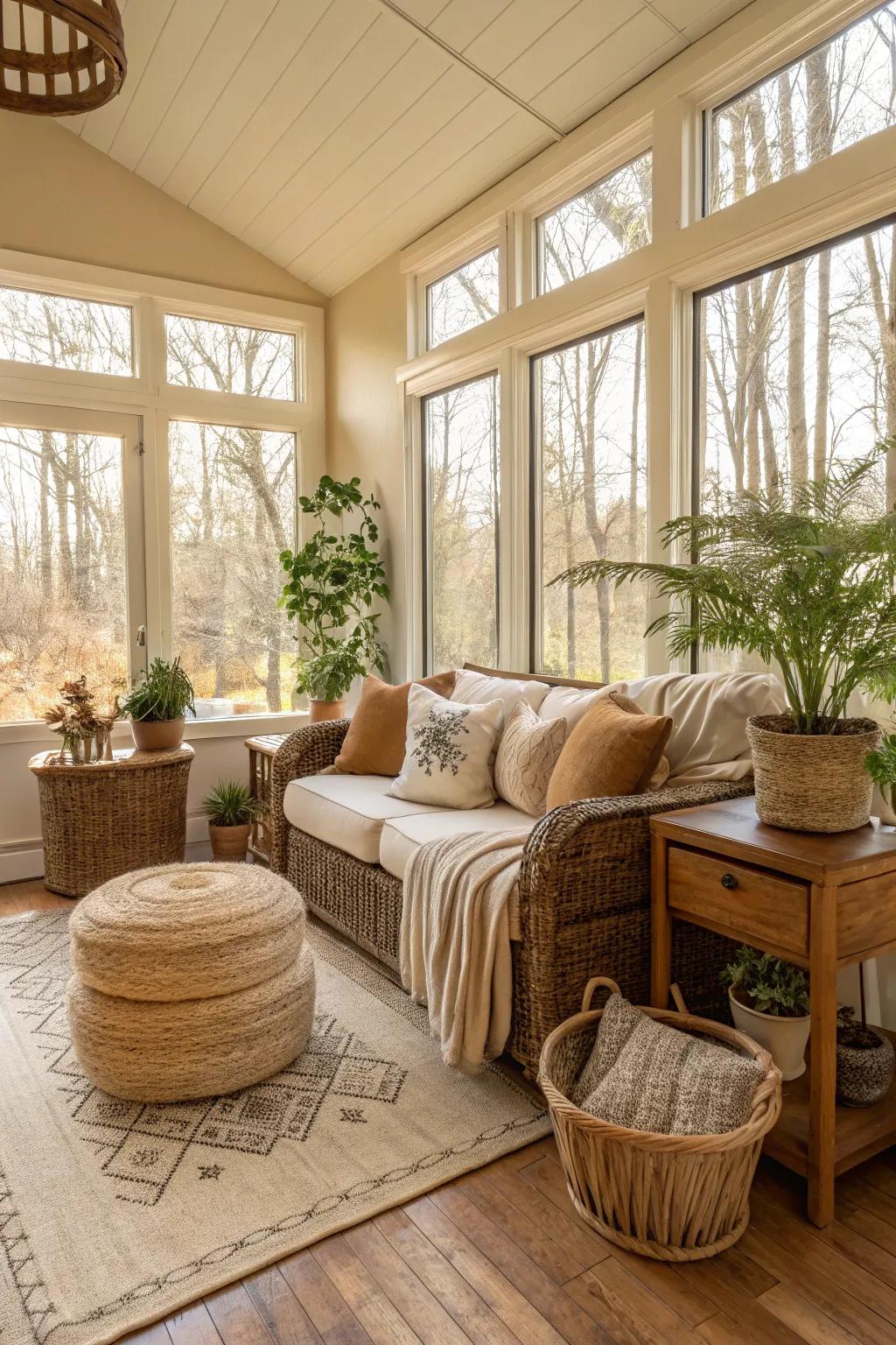 Muted and natural shades create a peaceful sunroom atmosphere.
