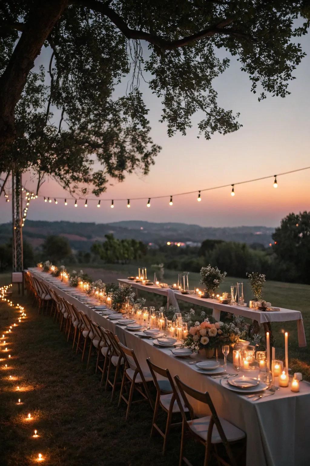 An intimate feast configuration with tapers beneath a twilight horizon.