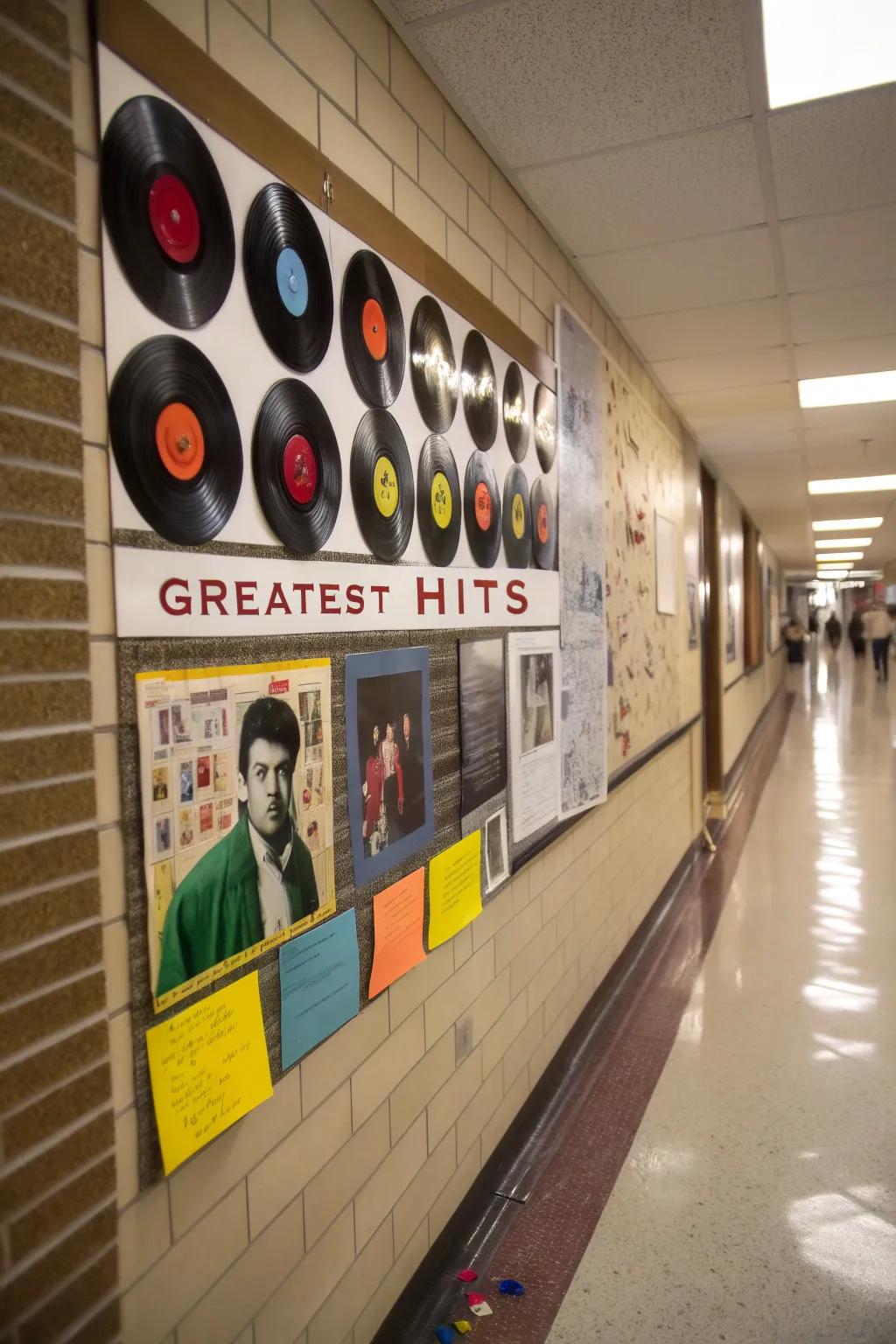 A vintage-inspired display featuring vinyl records, celebrating educators as the 'Greatest Hits'.