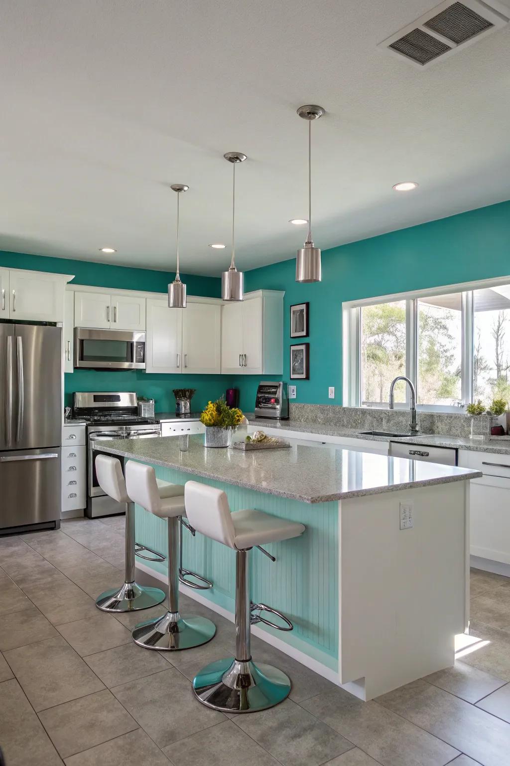 Contemporary kitchen showcasing teal walls and silver accents.