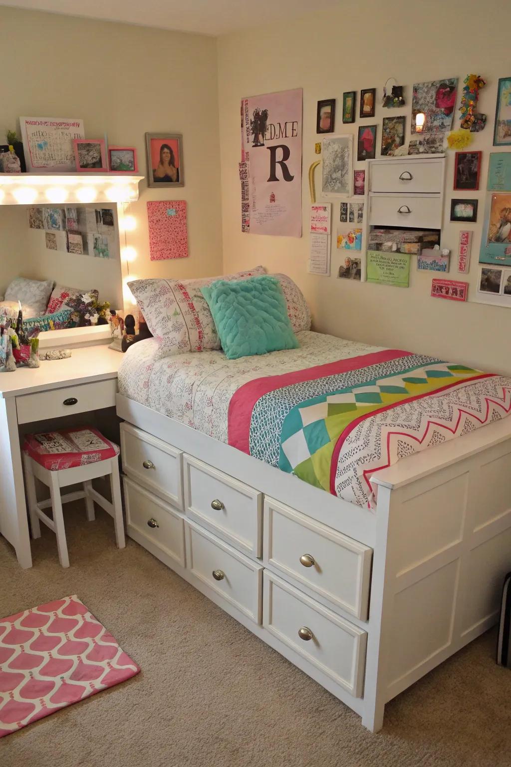 Multi-functional furniture maximizes space and utility in a teen girl's room.