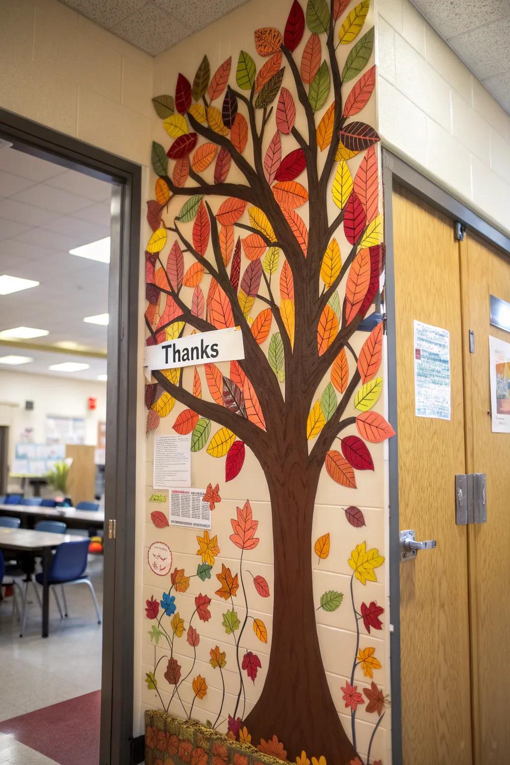 A Thankful Tree door, showcasing students' expressions of gratitude.