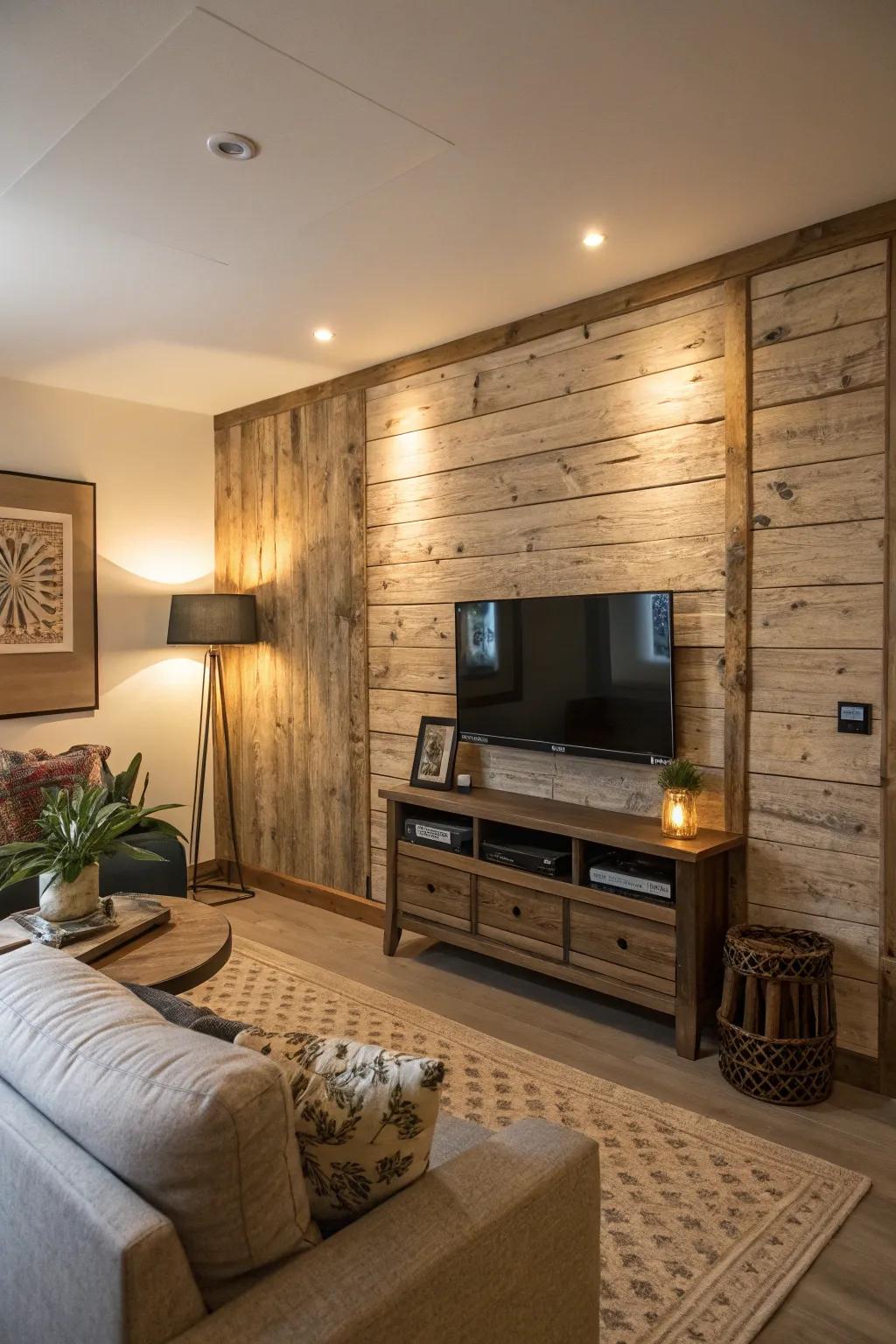 A TV mounted on a textured timber panel wall.