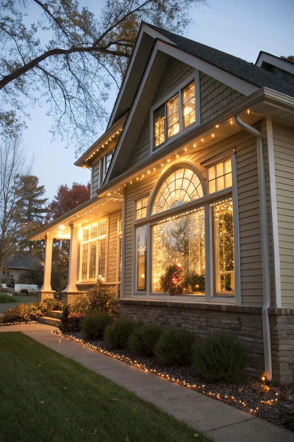 Targeted lighting emphasizes the remarkable window design of this home.