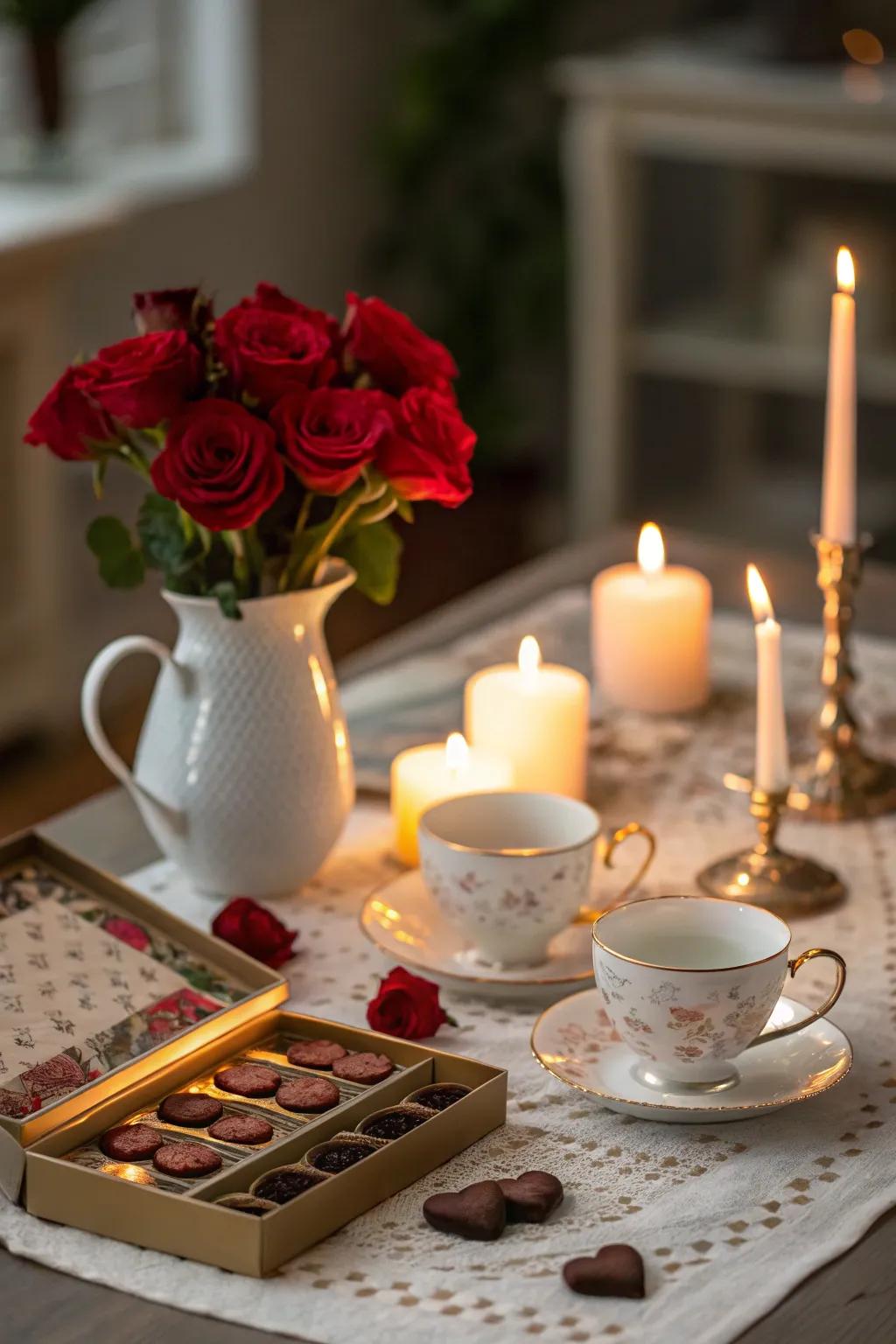 Candles adding a cozy and intimate atmosphere to the Valentine's Day tea party.