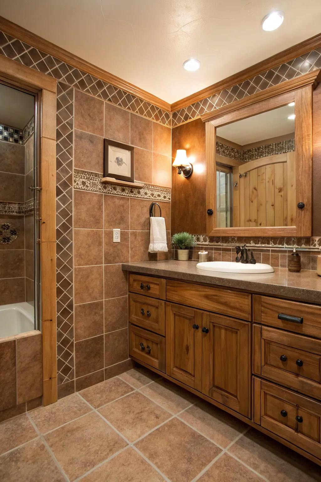 Wood accents blend perfectly with brown tiles for a natural sensation.