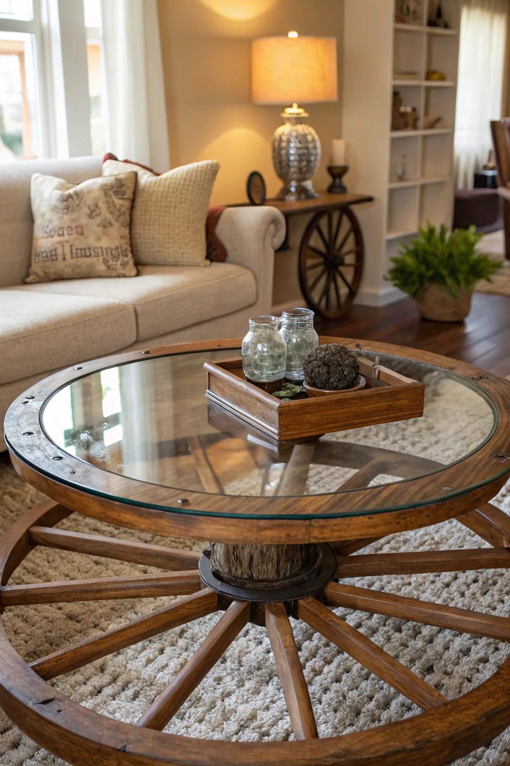 A cartwheel sustaining a glass surface, creating a distinctive coffee surface.
