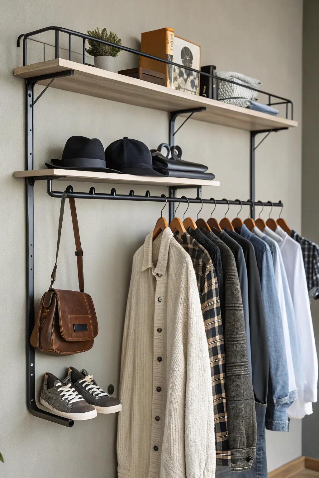 A versatile wall-mounted clothing rack with shelves and hooks.