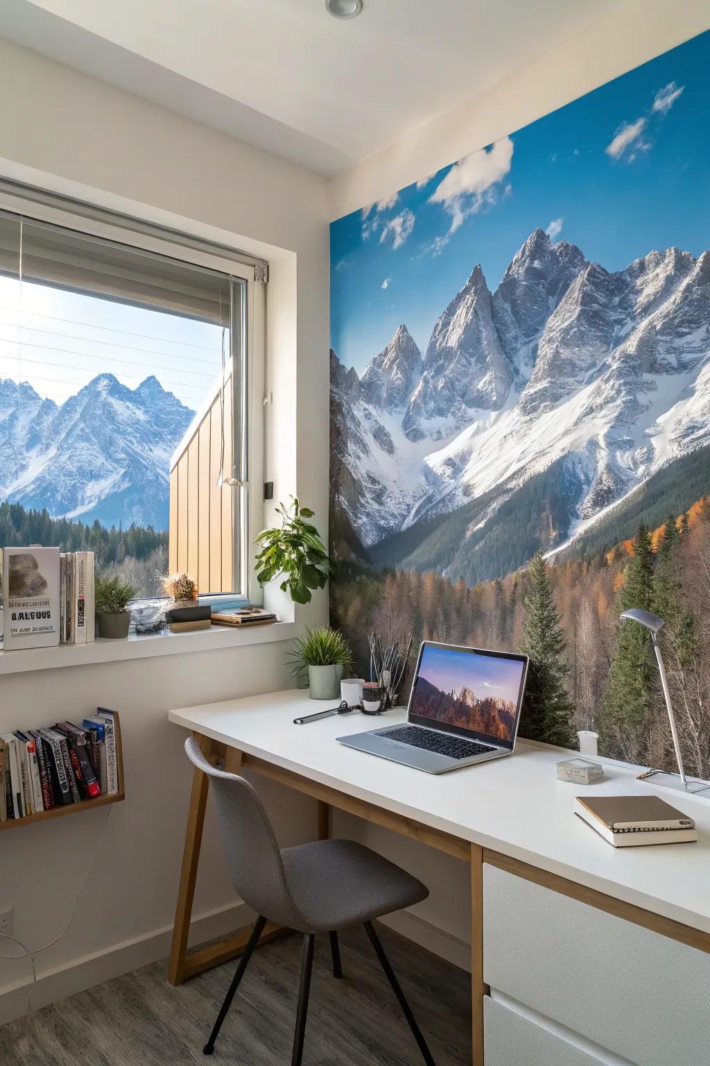 Stay inspired with a majestic mountain mural in your workspace.