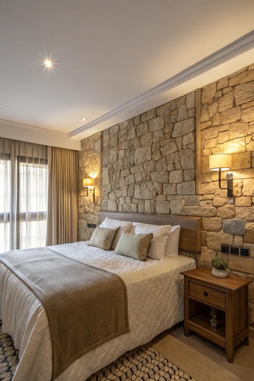 Stone textures create a bold and natural atmosphere within your bedroom.