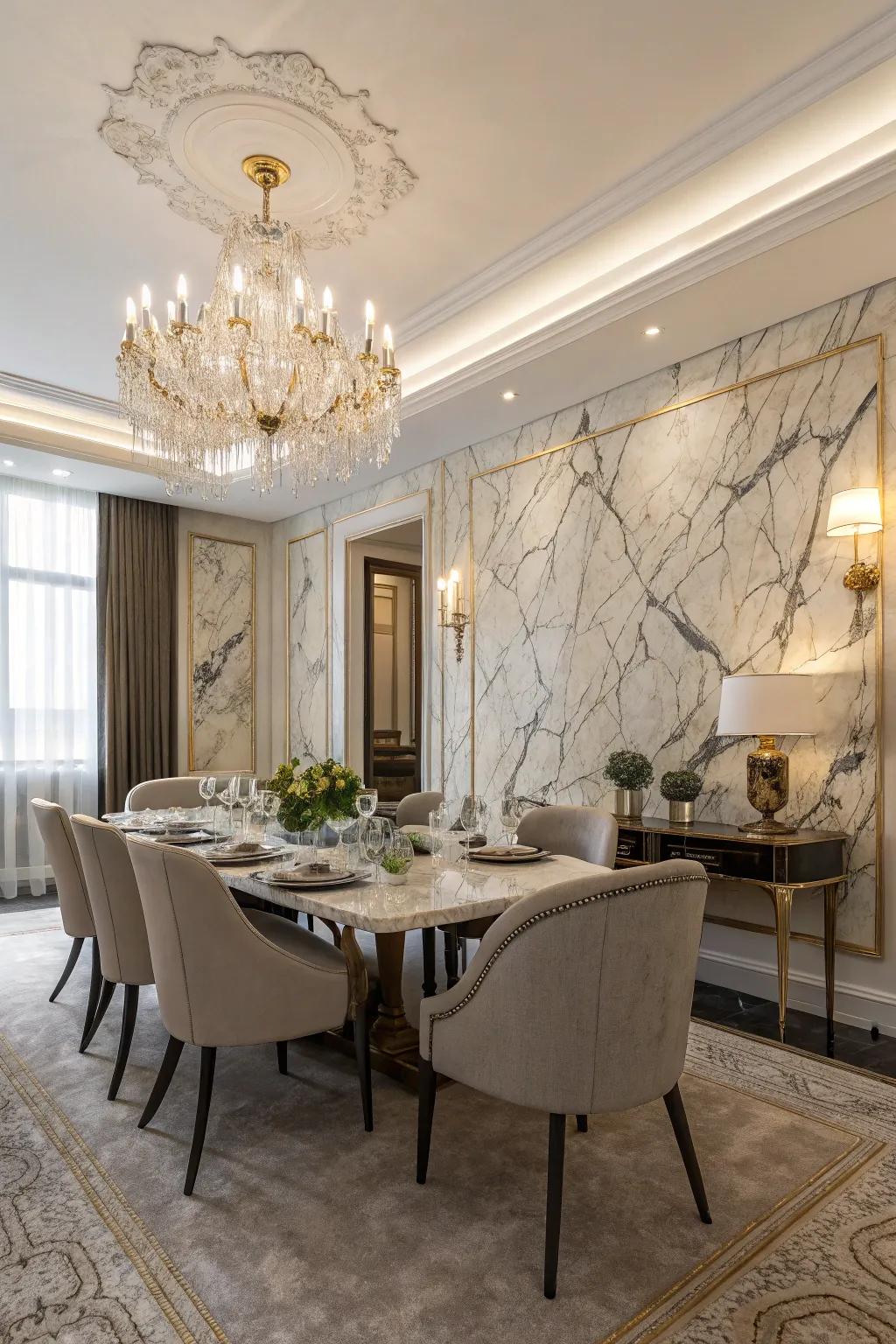 Marble textures bring elegance and luxury to dining spaces.