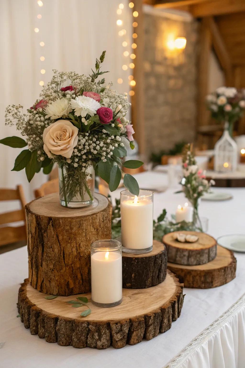 Rustic timbered compositions contribute allure to wedding ornamentation.