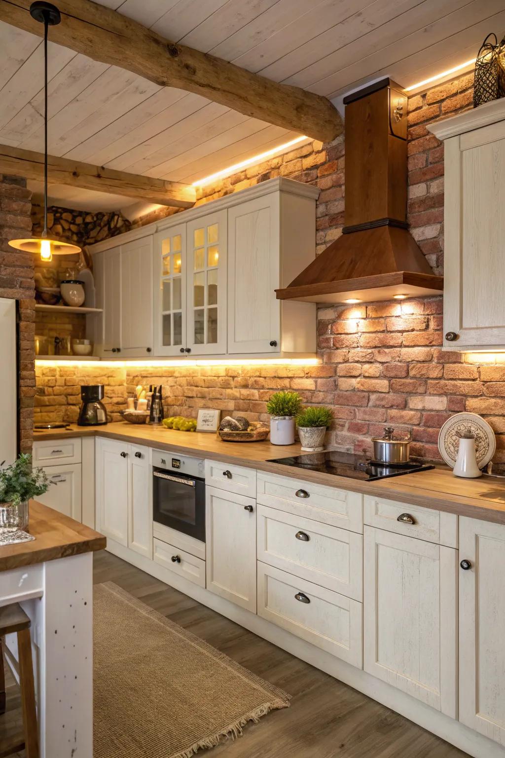 Stone-like backsplash infusing a sense of warmth into a kitchen adorned with white cabinets.
