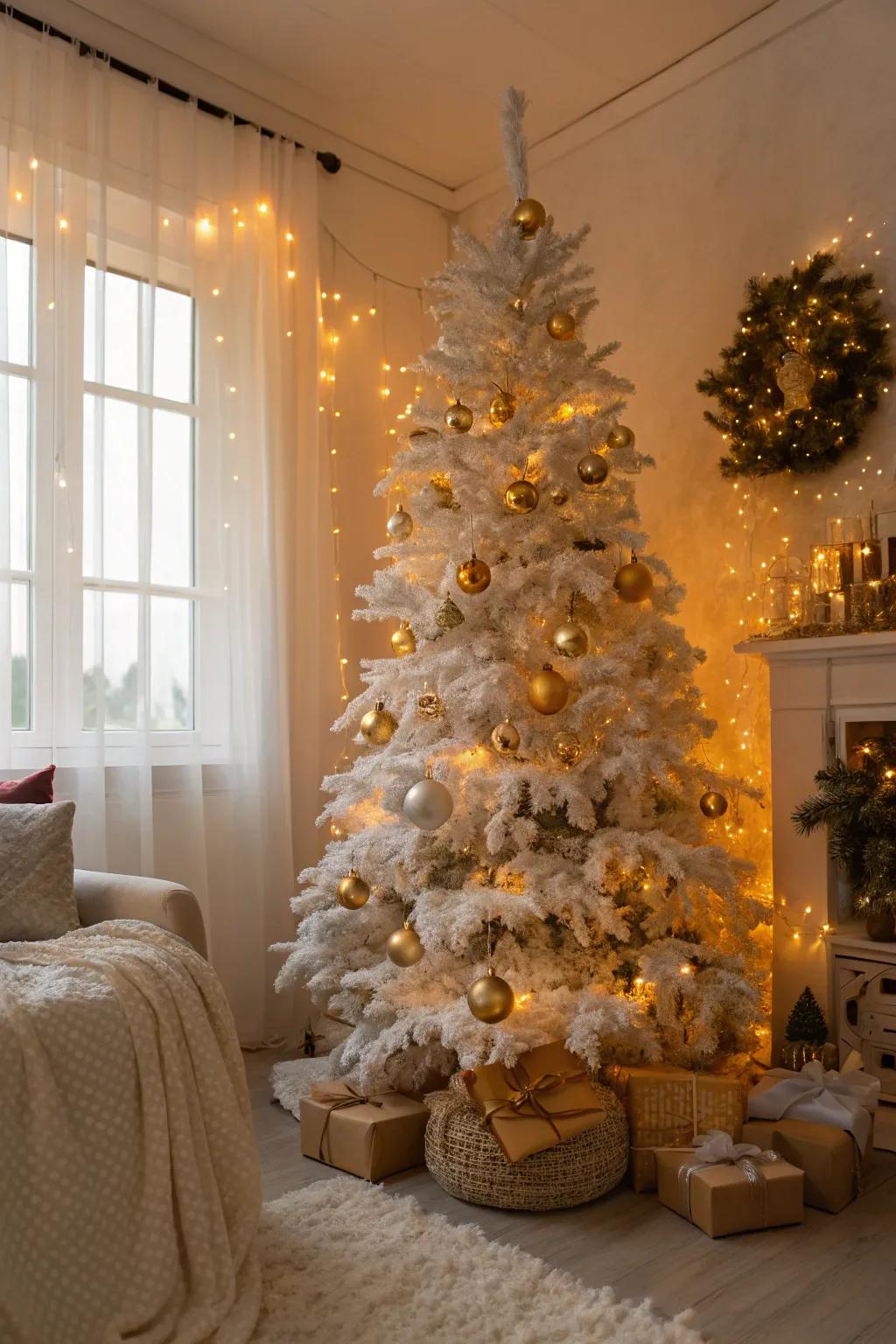 Cozy gold accents on a white Christmas tree.