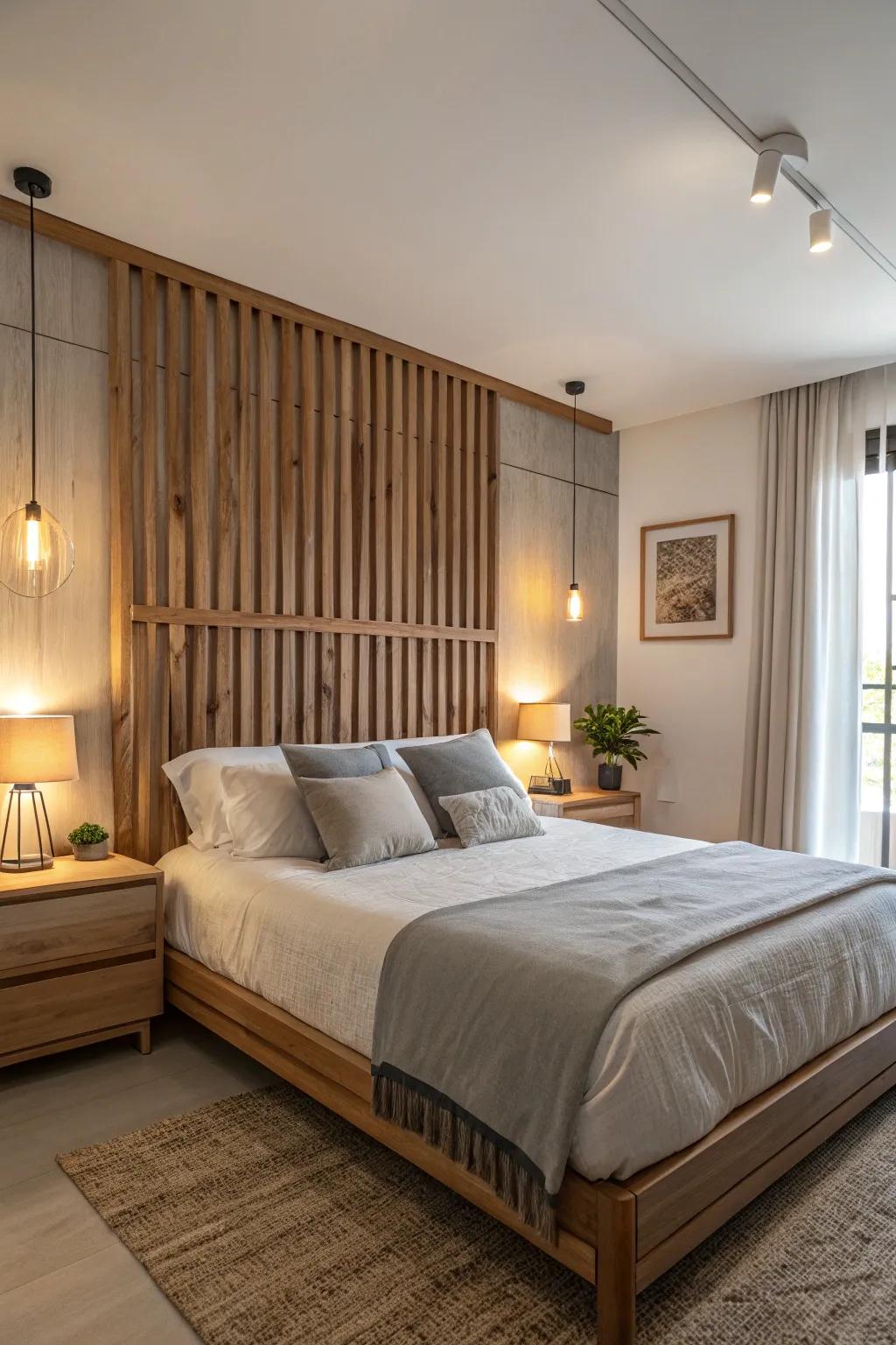 Create a snug haven with a timber slat headboard.