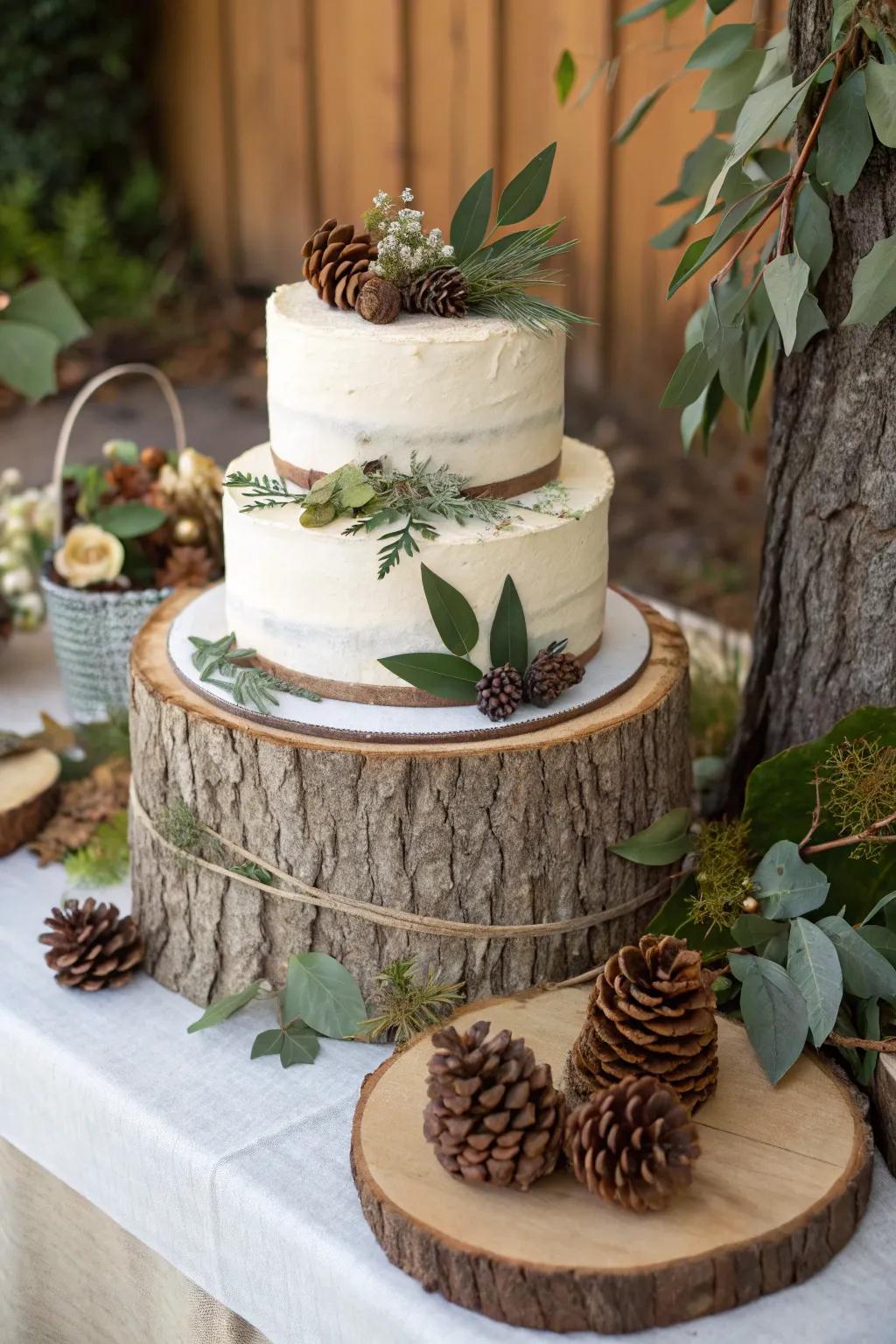 Enhance your dessert table using a down-to-earth cake display.