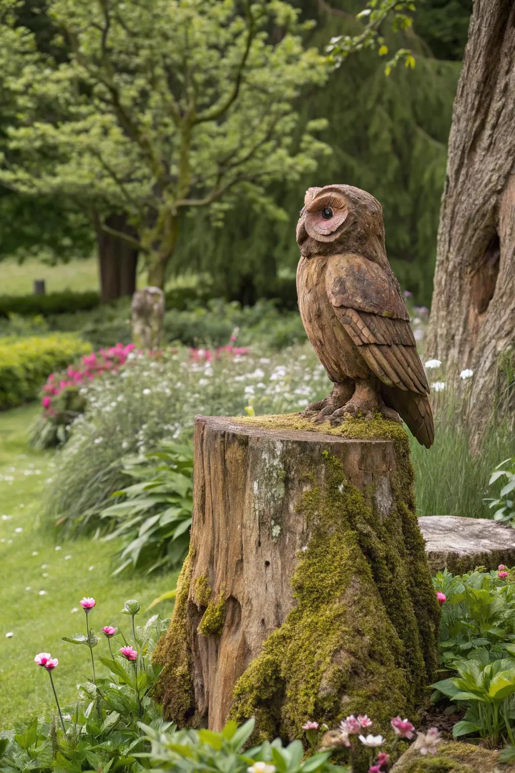 A wooden owl figure adds rustic charm to this garden.