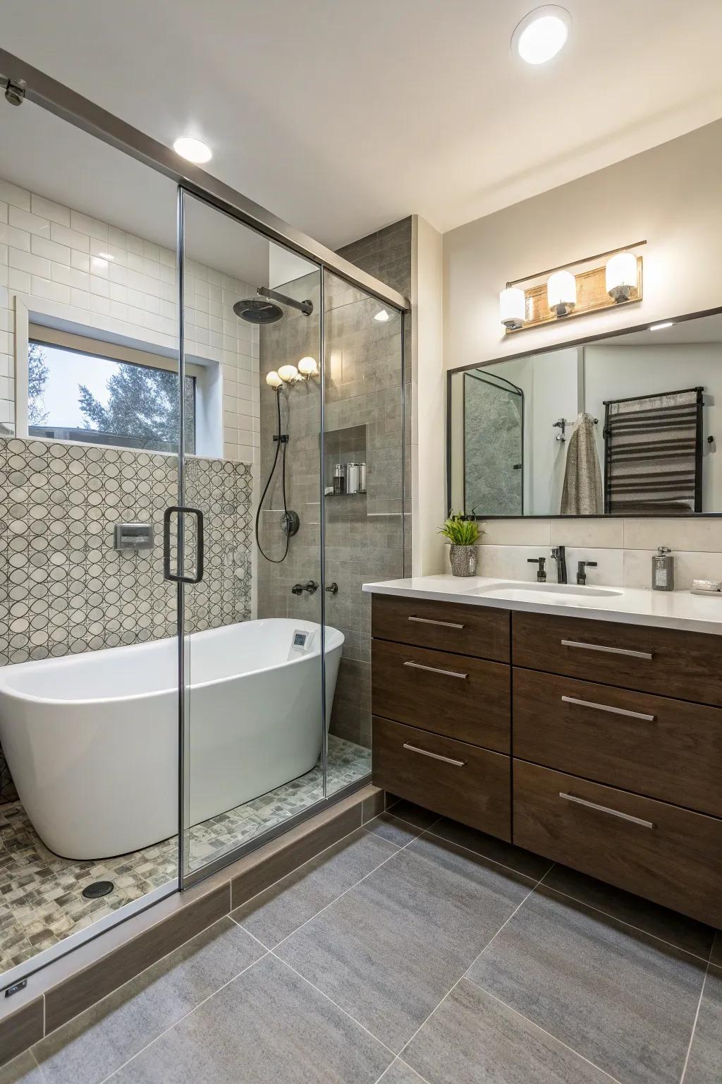 Efficient shower and tub combination for versatile bathing options.