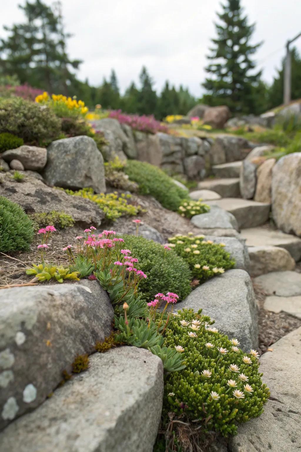 A stunning crevice garden displays vertical elegance.