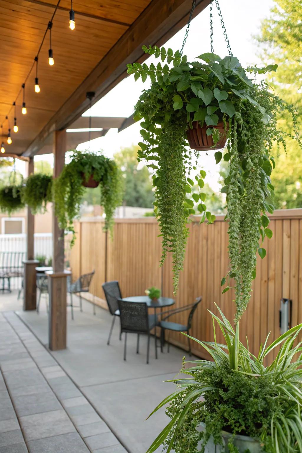 Flora hung from above infuses a rich touch into the patio's vibe.