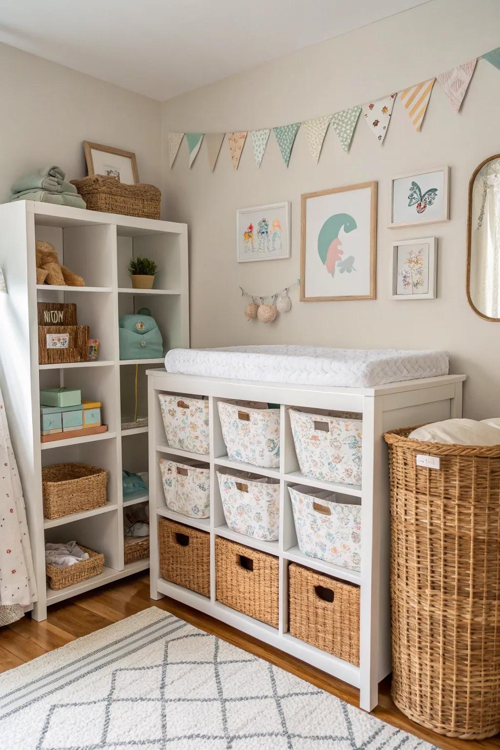 Stylish storage solutions keep the nursery neat and tidy.