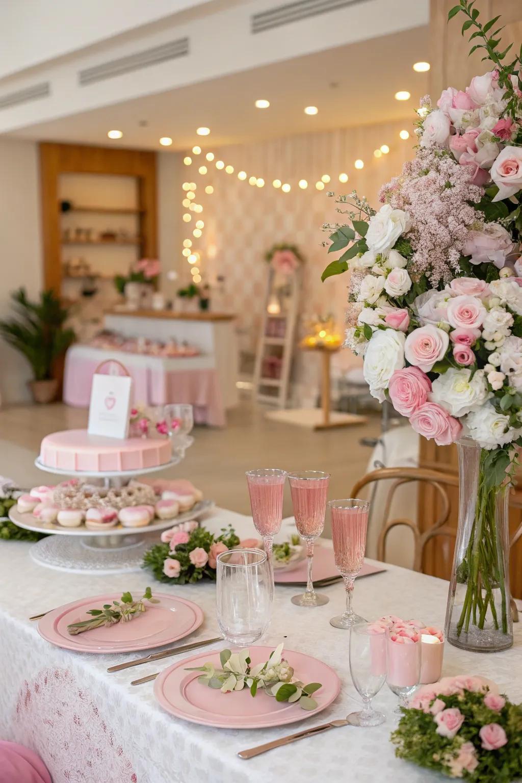 Floral adornments bring a refined elegance and natural charm to the party's aesthetic.