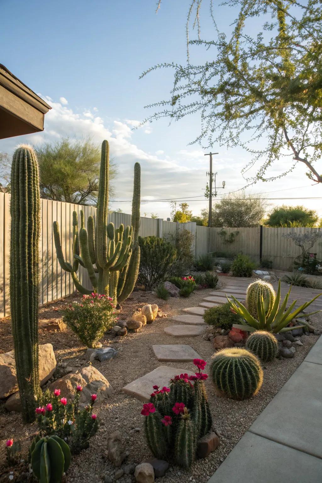 A naturally integrated cactus garden soaking up the sunlight.