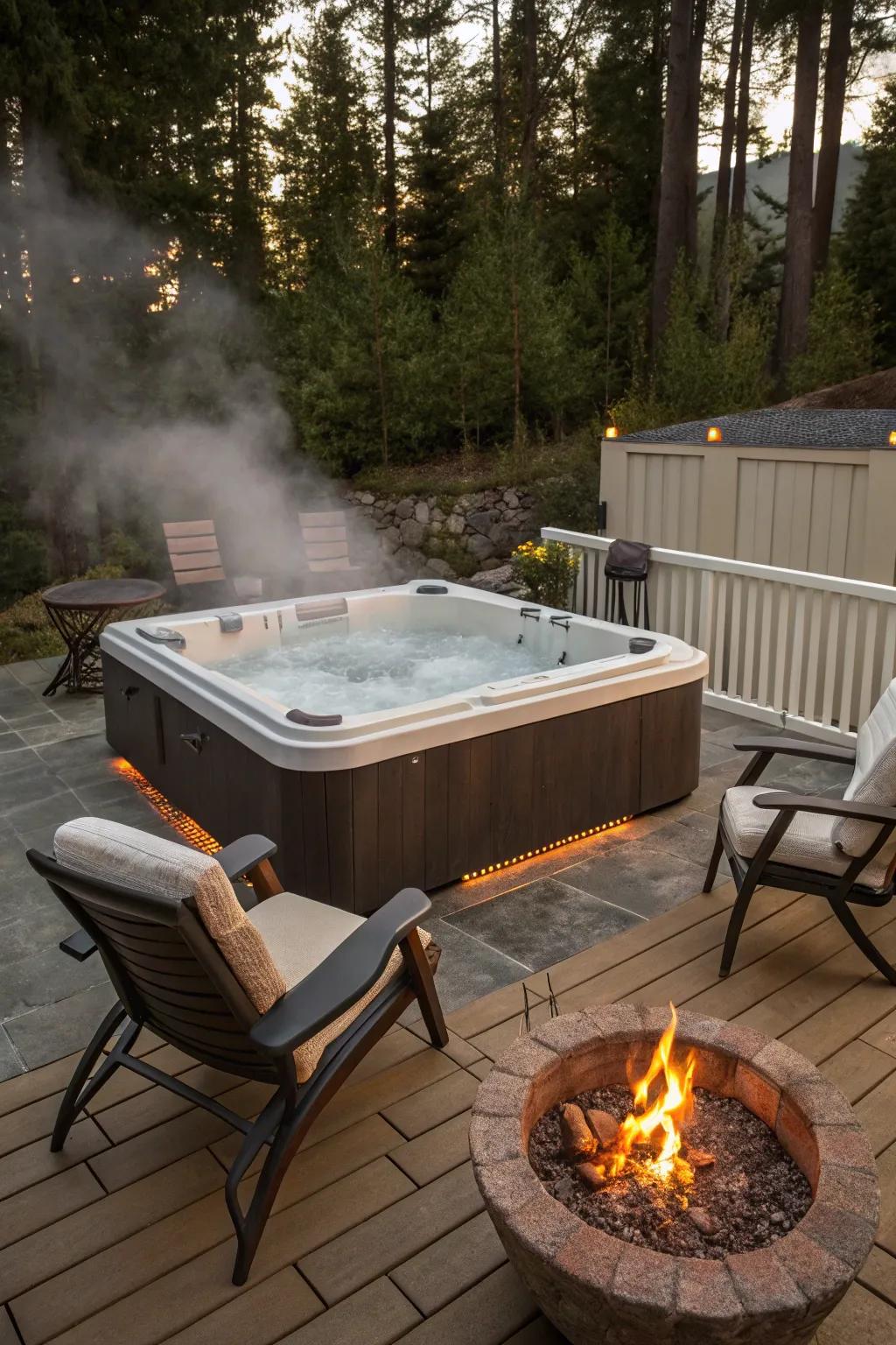 A fire pit adds warmth and ambiance to any hot tub area.