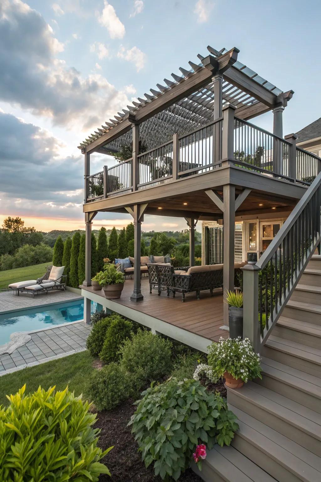 Multi-level decking with pergola improves poolside looks.