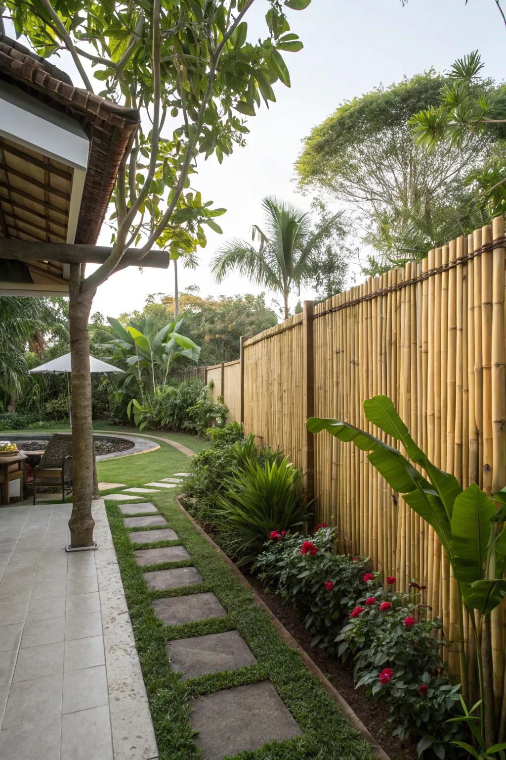 Sustainable cane fencing providing a natural privacy barrier.
