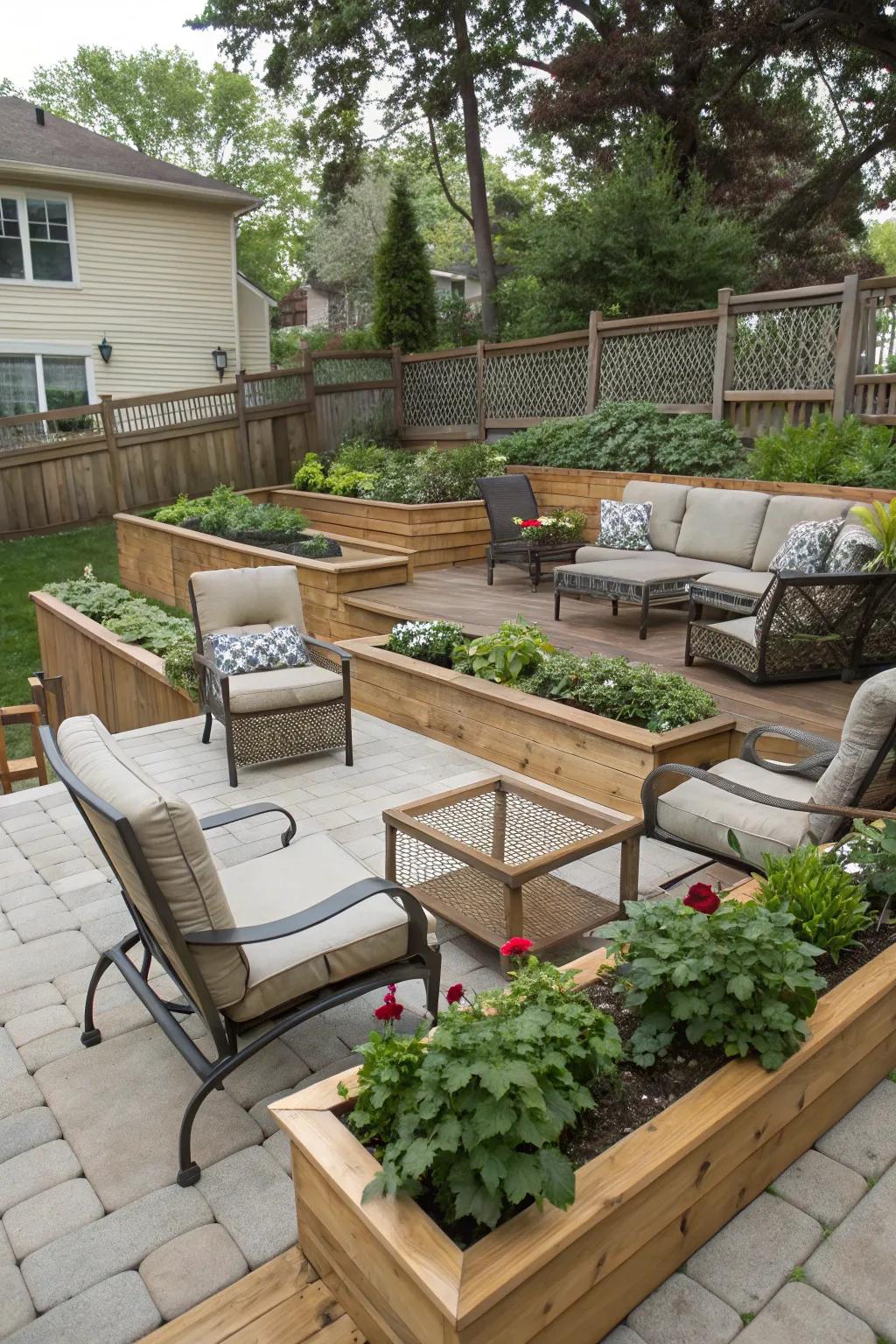 Layered landscaping adds dimension and interest to patio spaces.