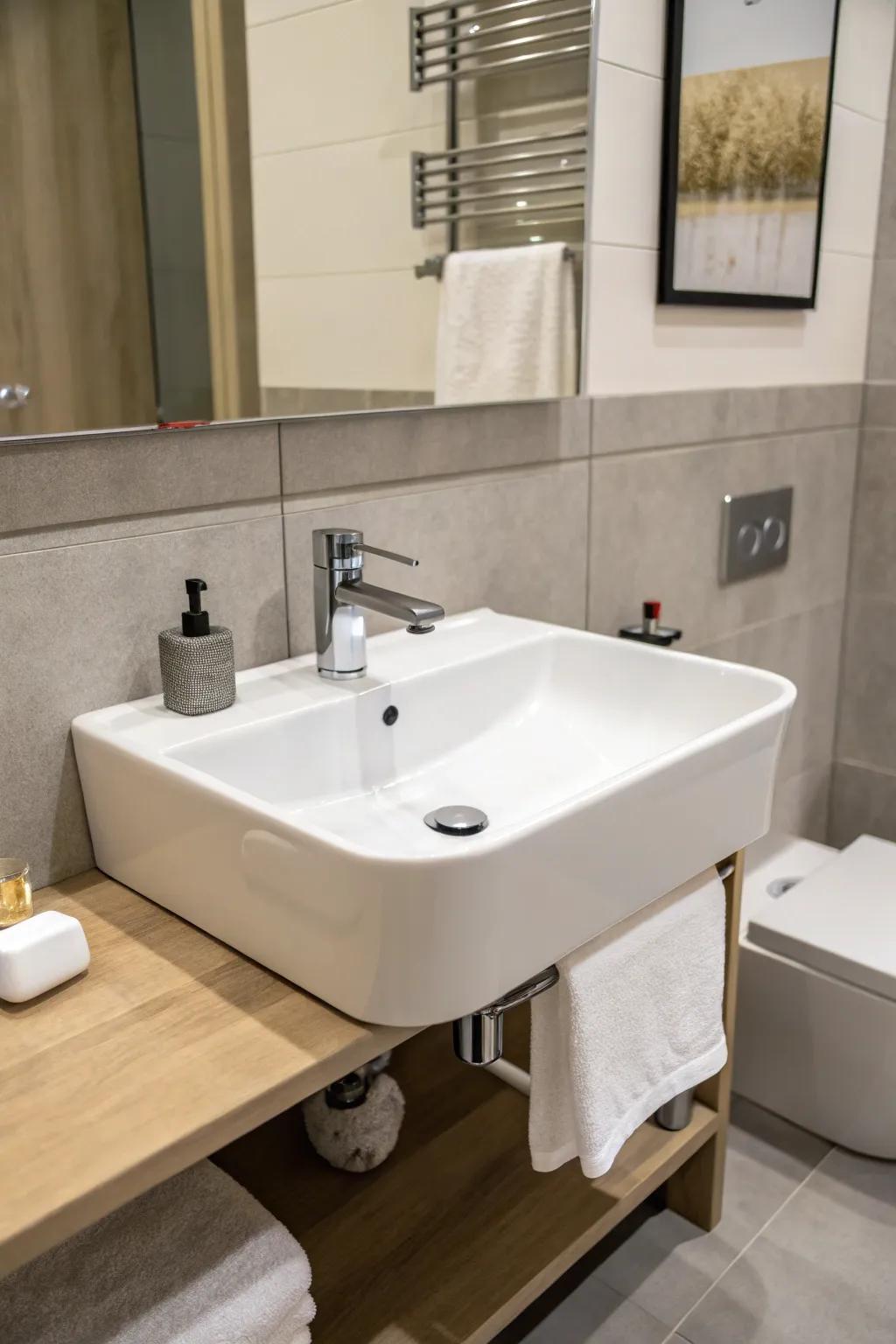 A wall-secured basin maximizes space and promotes a minimalist aesthetic.