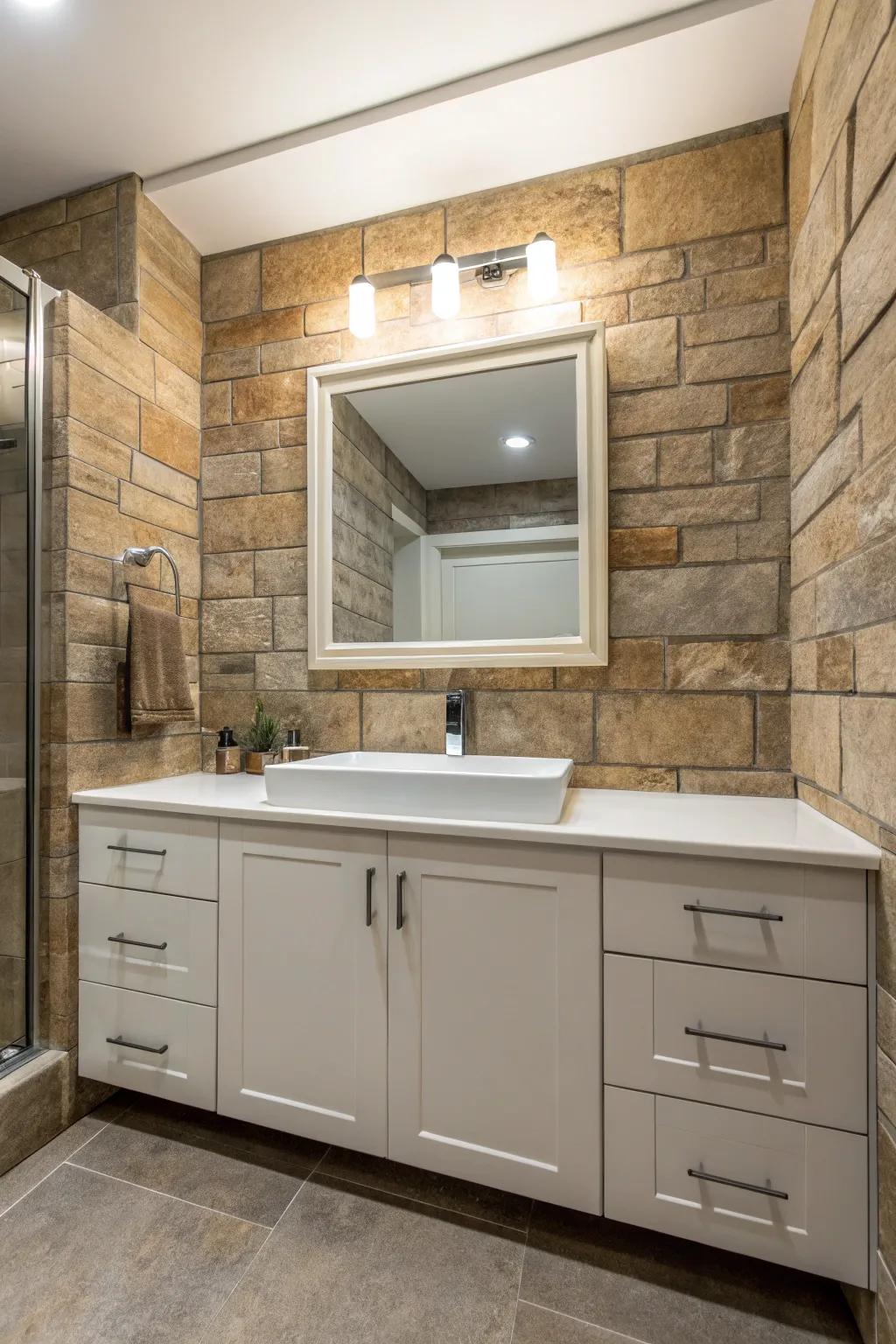 Stone-style tiles introduce nature-inspired textures indoors.
