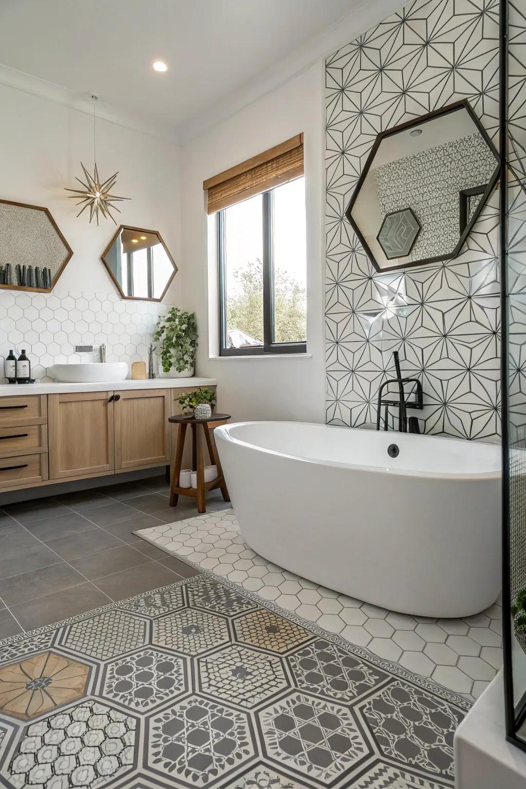 Hexagonal durable flooring introduces a modern and stylish aspect to this bathroom.