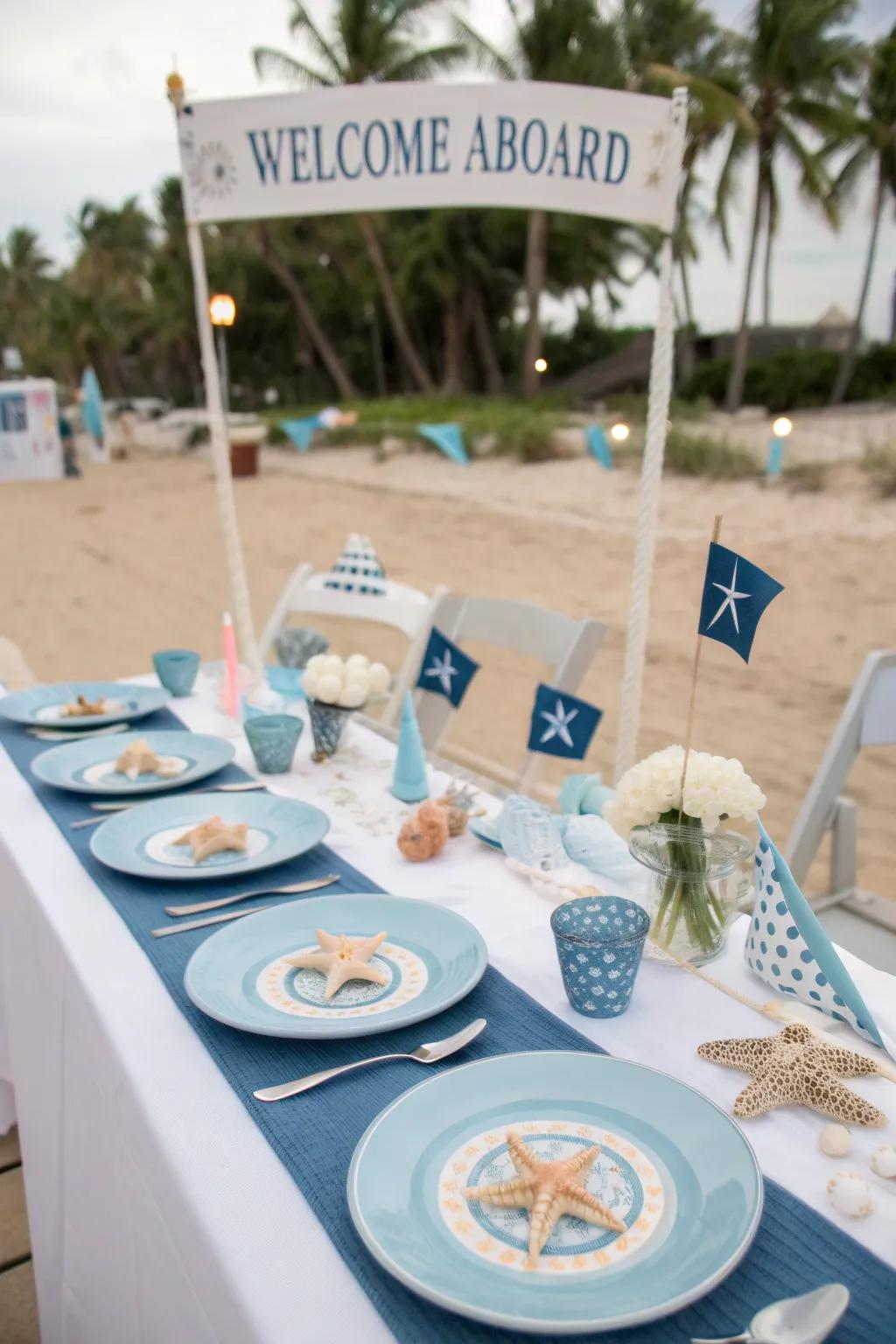 Nautical tableware beautifully unifies your seaside theme.