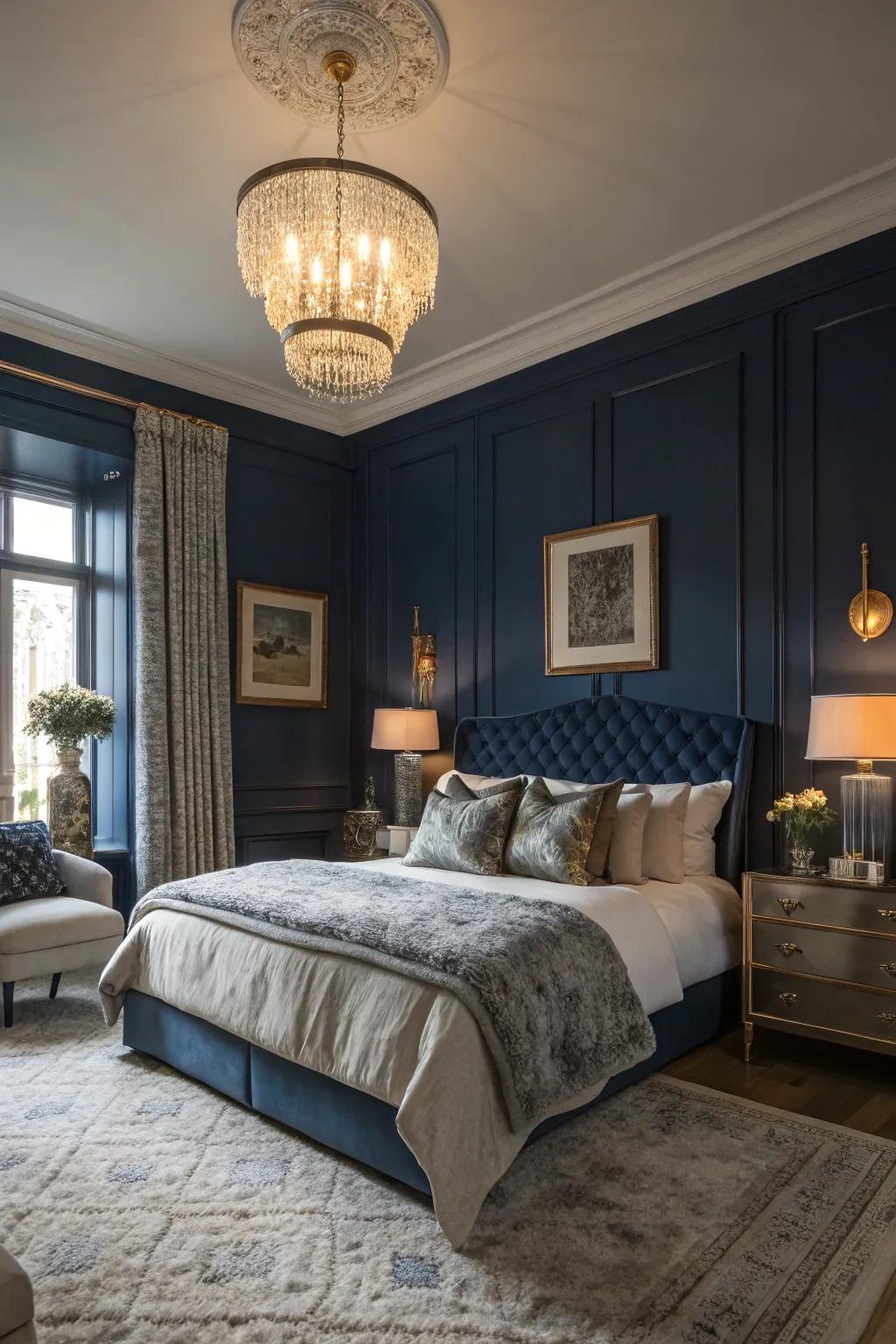 Immerse in the dramatic elegance of a bedroom with navy blue walls and luxurious accents.