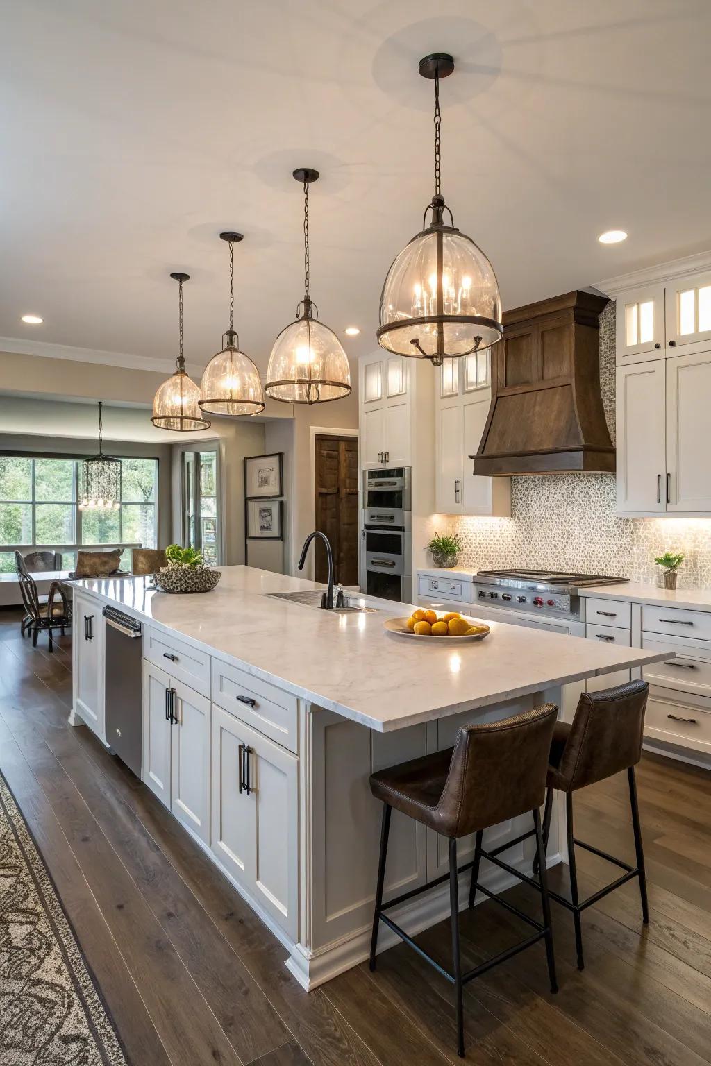 Statement lighting adding elegance to any kitchen.