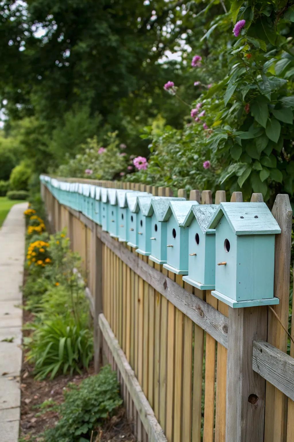 A long row of birdhouses provides a continuous decorative element to the fence.