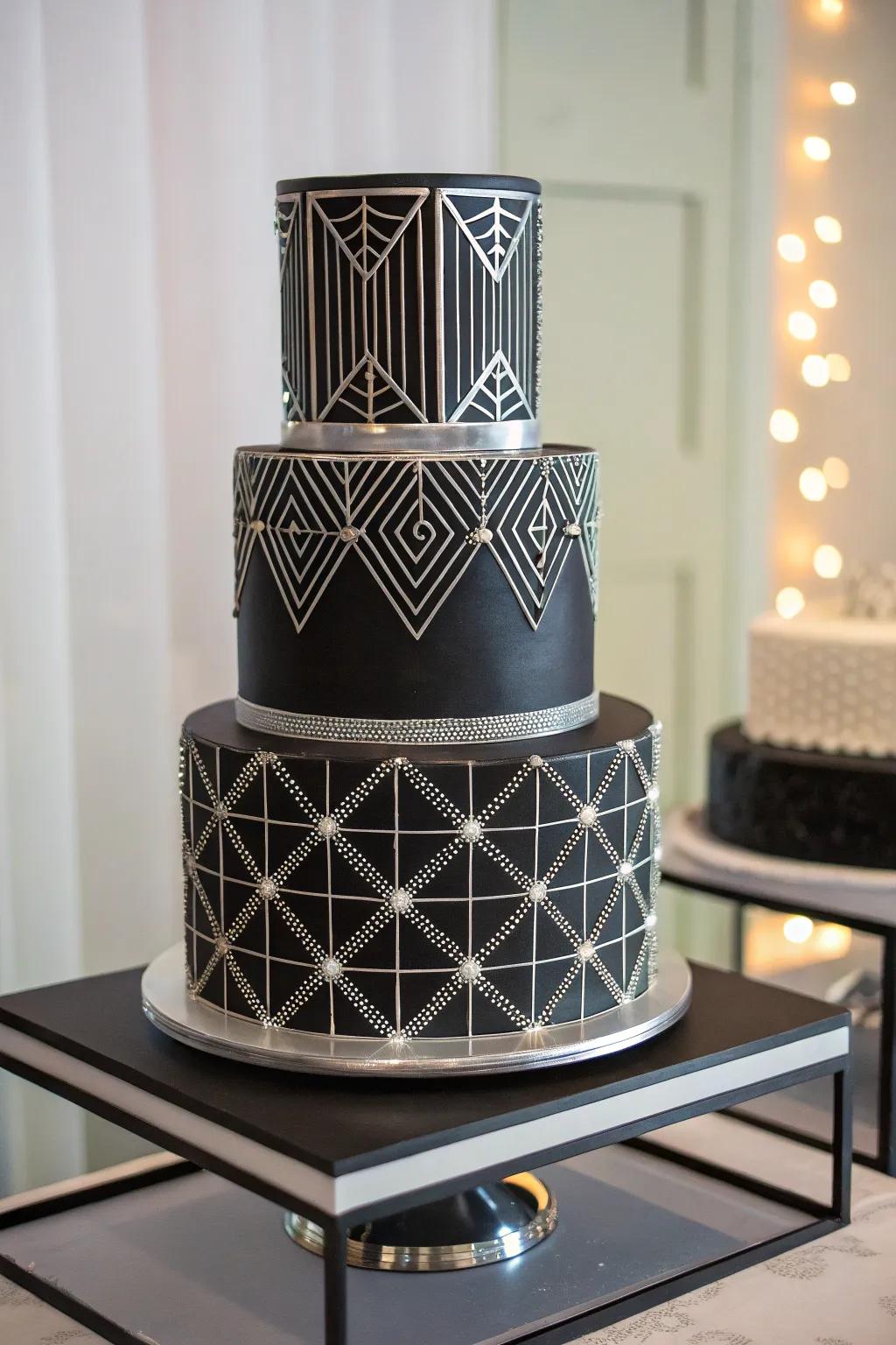 A contemporary ebony and argent wedding cake.