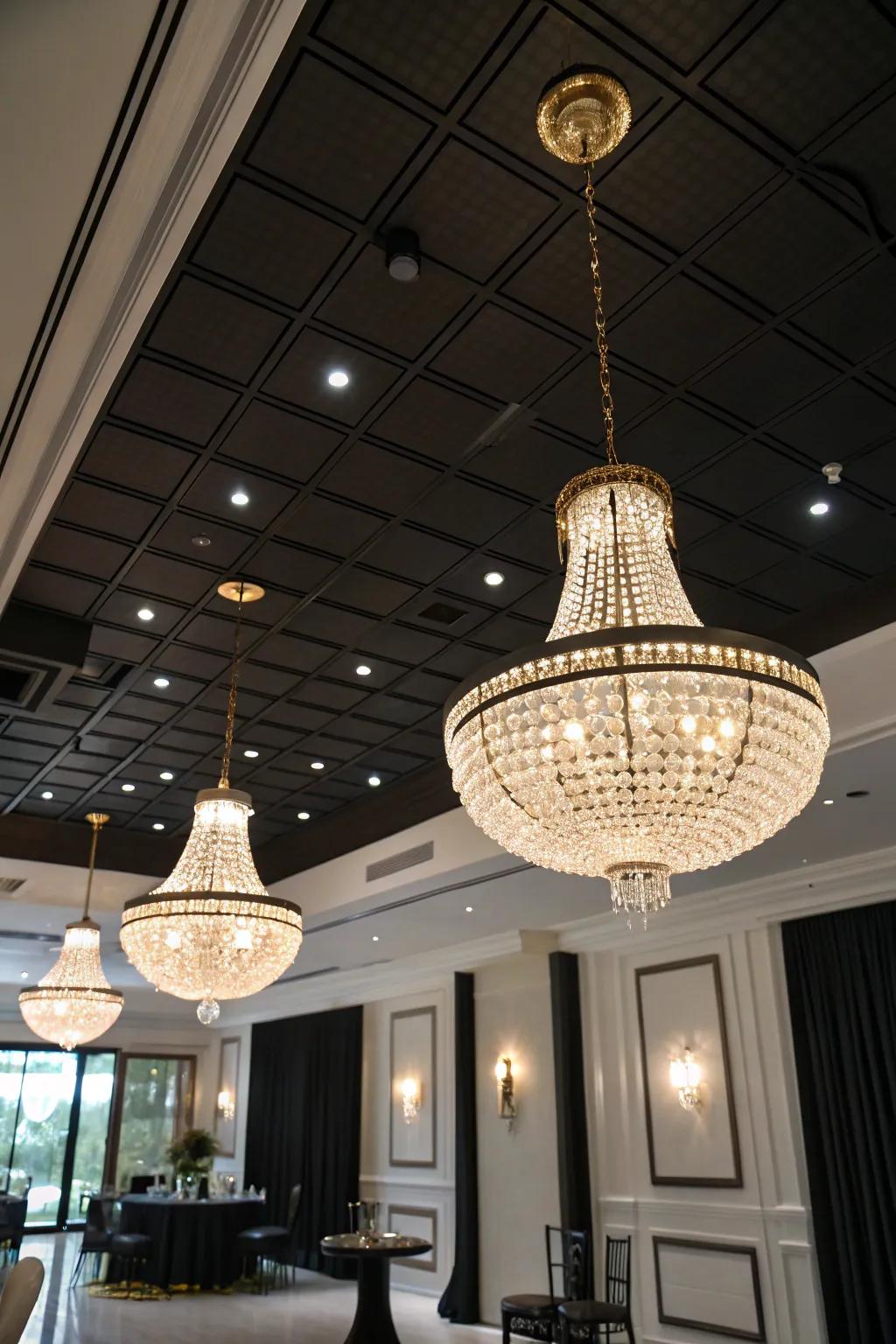 An elegant room where lighting fixtures highlight a black ceiling.